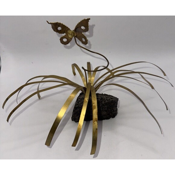 Torched Brass Mid Century Brutalist Butterfly In Grass Sculpture Lava Rock - Picture 3 of 4